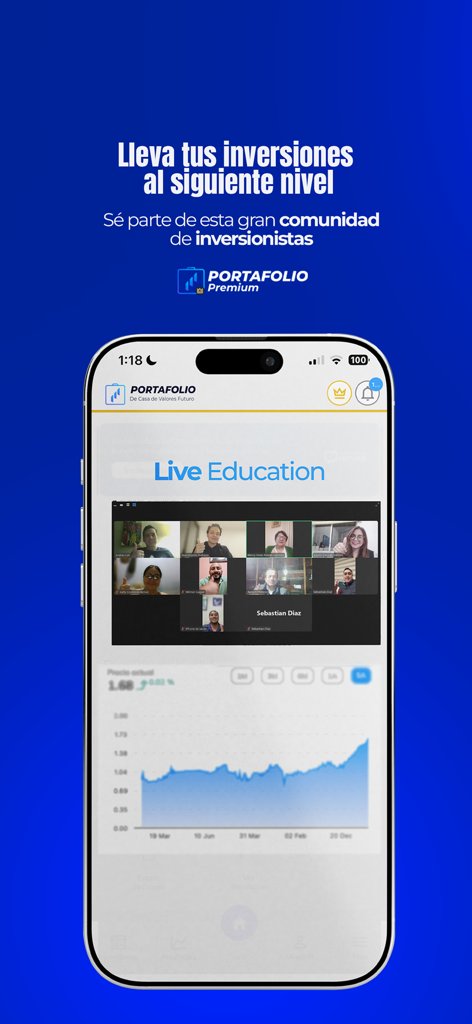 Portafolio Futuro - 투자 성과 차트와 라이브 교육 화상 회의를 보여주는 Portafolio Futuro 앱의 스크린샷.