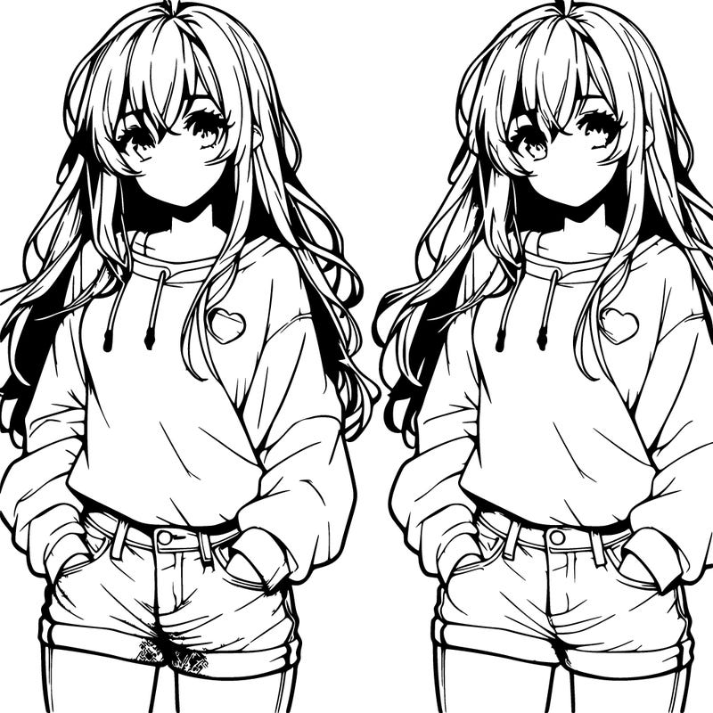 realistic anime girl with long hair jeans and a sweat shirt on