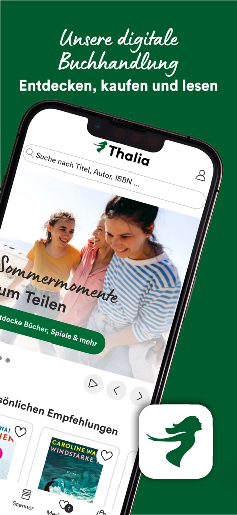 Thalia – Bücher entdecken - The Thalia bookstore app home screen displaying book search and personal recommendations.