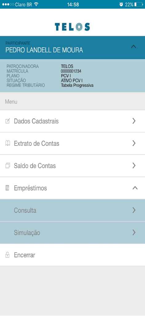 Fundação Telos - Menu do painel do aplicativo Fundacao Telos exibindo informações do perfil do usuário e opções de serviços financeiros