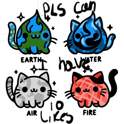 4 cats that represent the different elements, earth, water, air, and fire