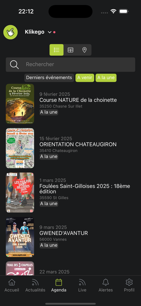 Klikego - Mobile interface of Klikego app displaying a list of upcoming sports events and races in the calendar section.