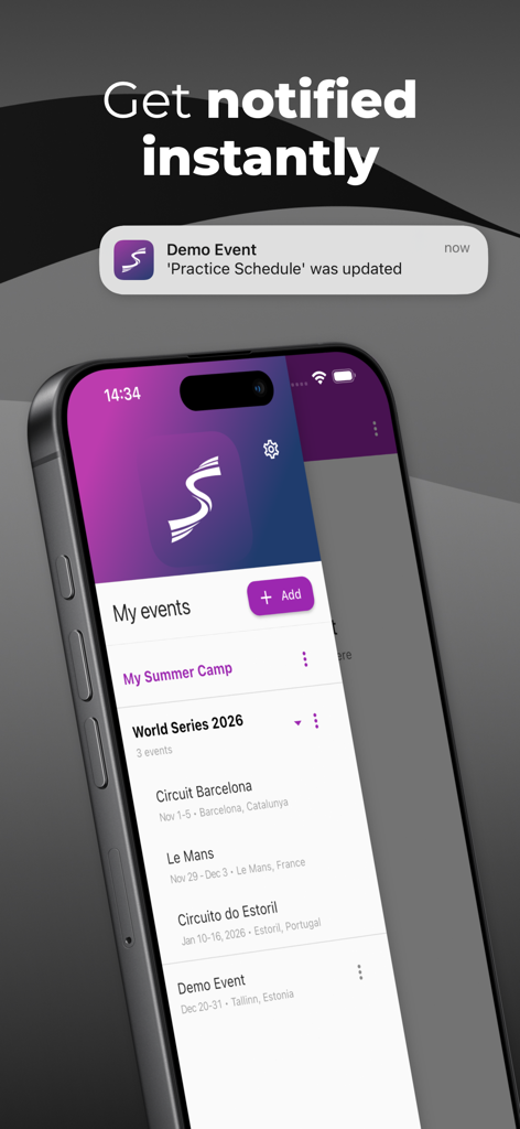 Sportity - Sportity app interface showing an instant push notification for a practice schedule update and a list of upcoming sporting events on a smartphone screen