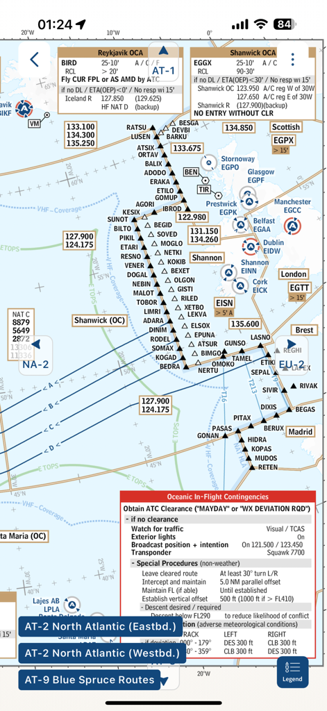 Detaillierte aeronautische Karte der Nordatlantik-Flugrouten und Notfallverfahren für Piloten