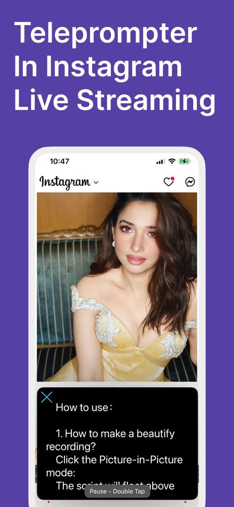 Teleprompter™ - A floating teleprompter script window overlaying an Instagram Live stream on a mobile phone
