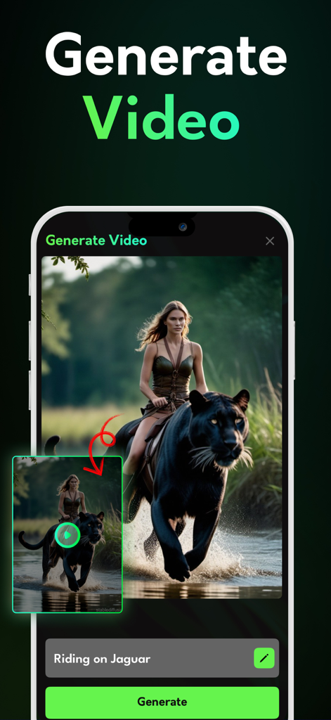 FLUX AI app interface showing image to video generation of a woman riding a black jaguar