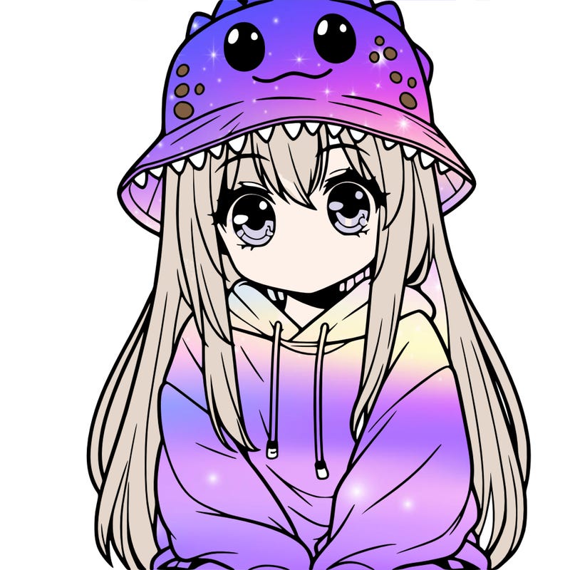 girl with anime shaped eyes with a dinosaur bucket hat oversized sweatshirt long straight hair