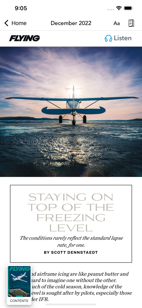 La aplicación FLYING Magazine muestra un artículo técnico sobre los niveles de congelación en aviación y la seguridad meteorológica para pilotos