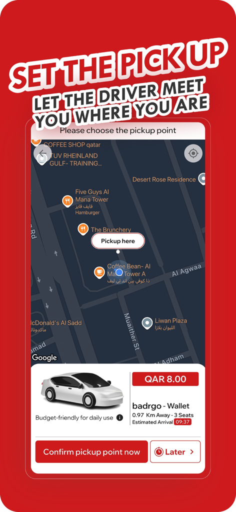badrgo - Your way to go - Interfaz de la aplicación badrgo que muestra un mapa para establecer un lugar de recogida para un viaje en taxi