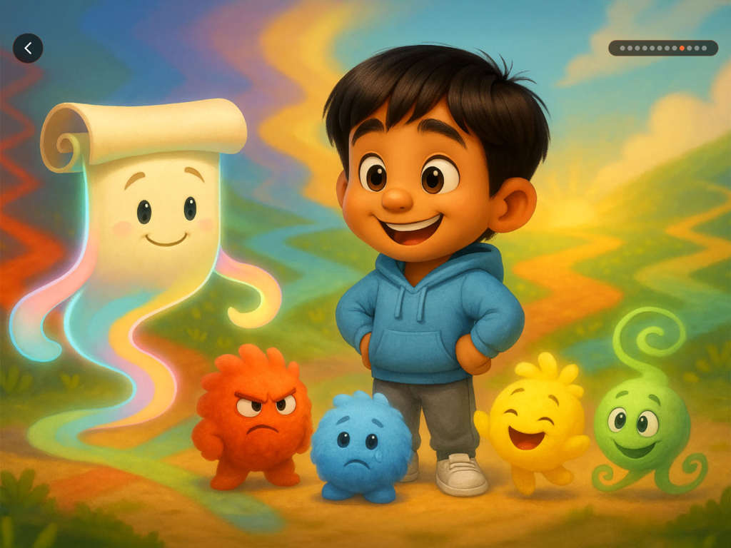 A young boy smiling with colorful characters representing emotions in a whimsical landscape.