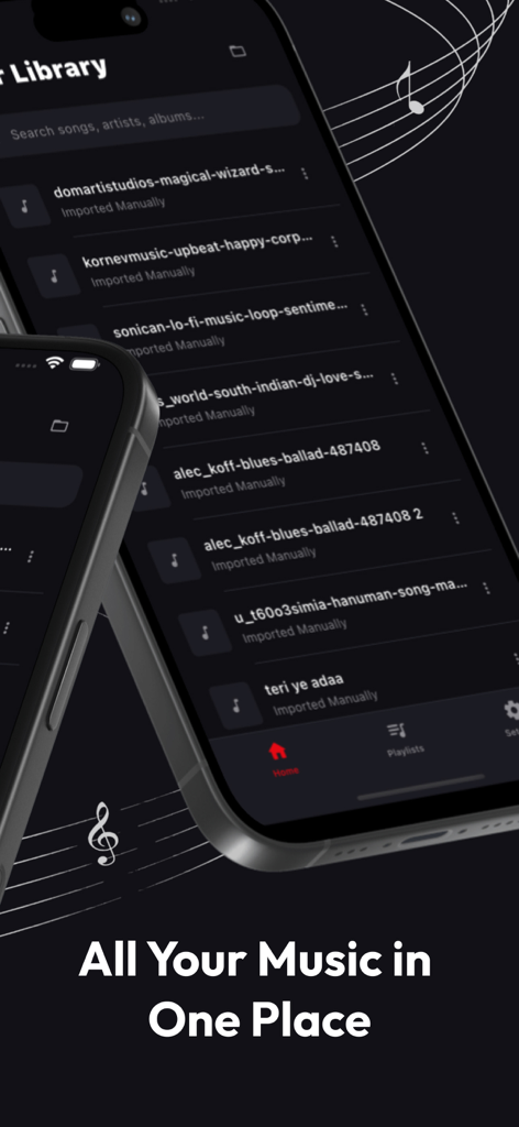 Music Player - Offline Audio - Schermata dell'iPhone che mostra un elenco di canzoni importate manualmente nella libreria dell'app Music Player