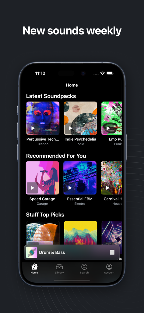Launchpad app home screen featuring a library of latest music soundpacks and weekly releases