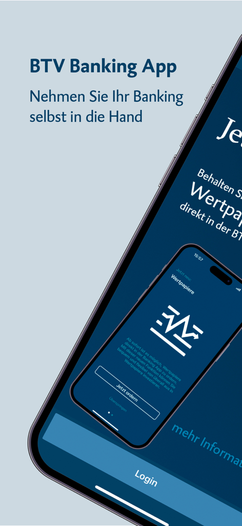 BTV Banking - Interfaz de la aplicación móvil BTV Banking mostrando trading de valores y botón de inicio de sesión
