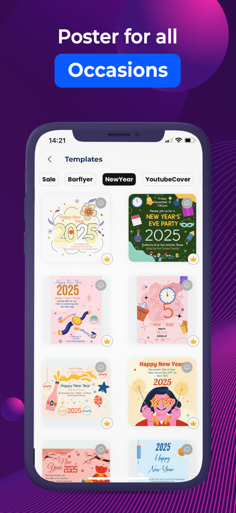 Poster Maker - Banner Maker - A smartphone screen displaying a variety of colorful New Year 2025 poster and flyer templates within the app interface.