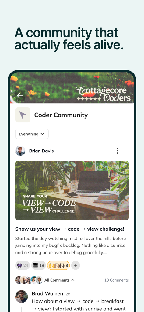 A community post on Mighty Networks showing engagement from members in a coding group