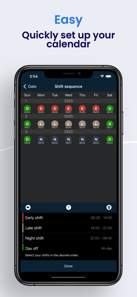 Schichter - Shift calendar - Interfaz para configurar secuencias de turnos de trabajo utilizando iconos de calendario codificados por colores.