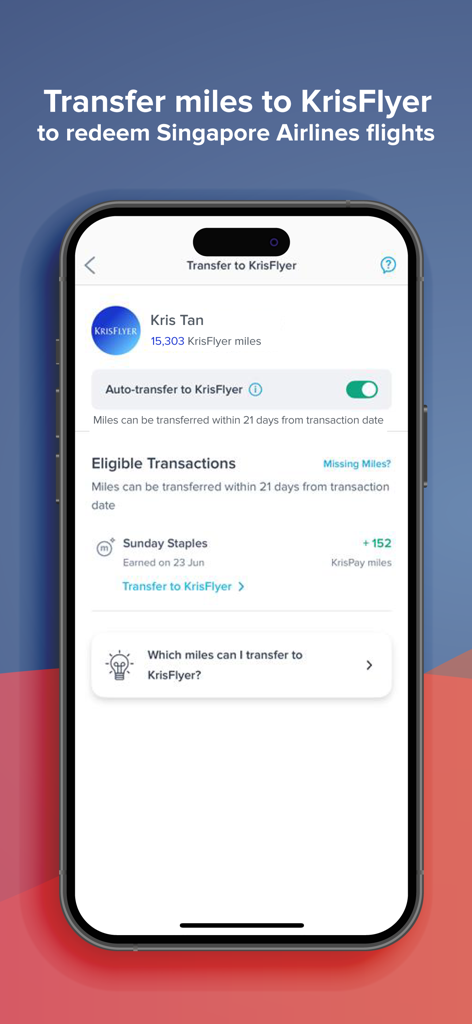 Kris+ by Singapore Airlines - Kris Plus app screen showing options to transfer miles to a KrisFlyer account for airline flights