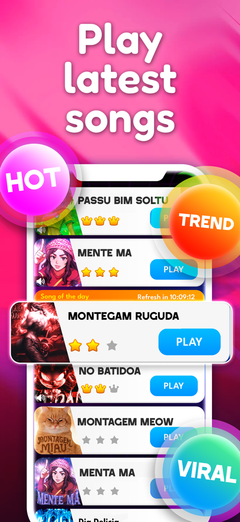 Magic Level 9: Tap Piano Game - マジックレベル9の音楽ライブラリ画面。トレンドのバイラルヒット曲と再生ボタンが表示されています。