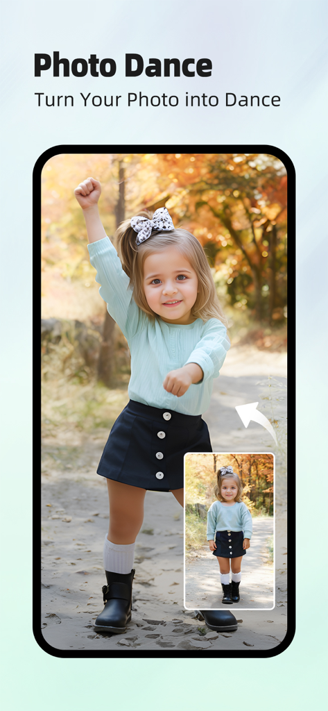 Linpo: Photo Dance & AI Filter - A screenshot showing the Linpo app Photo Dance feature animating a photo of a young girl