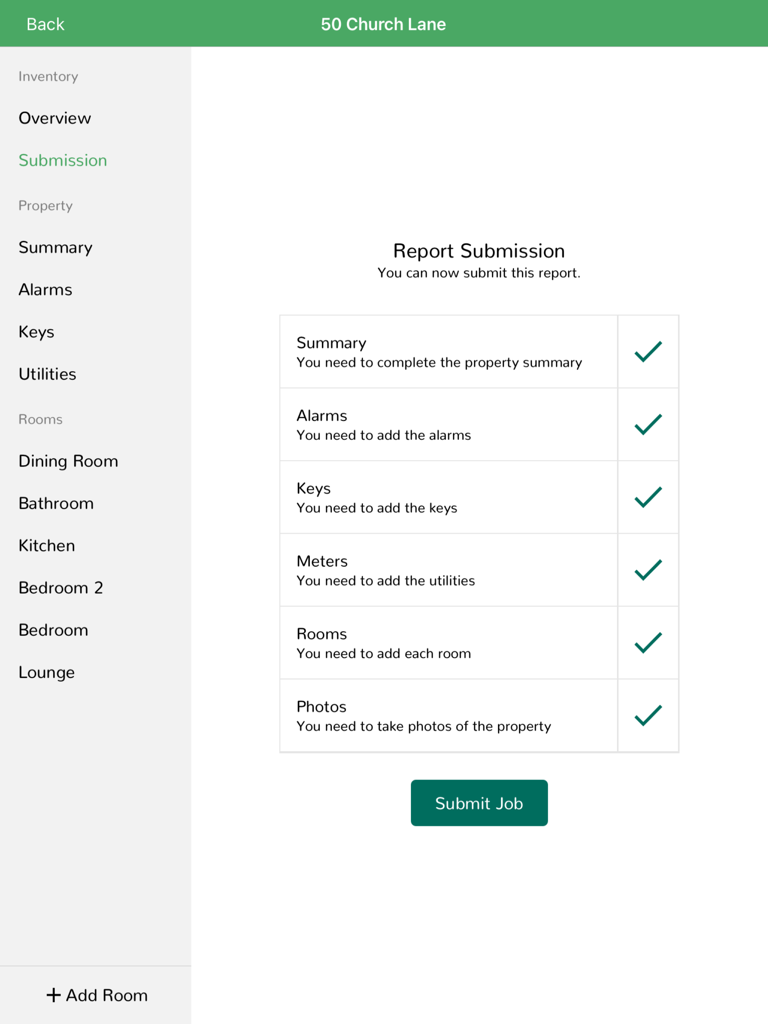 Homex - Property Services - Homex app report submission screen showing a completed property inspection checklist