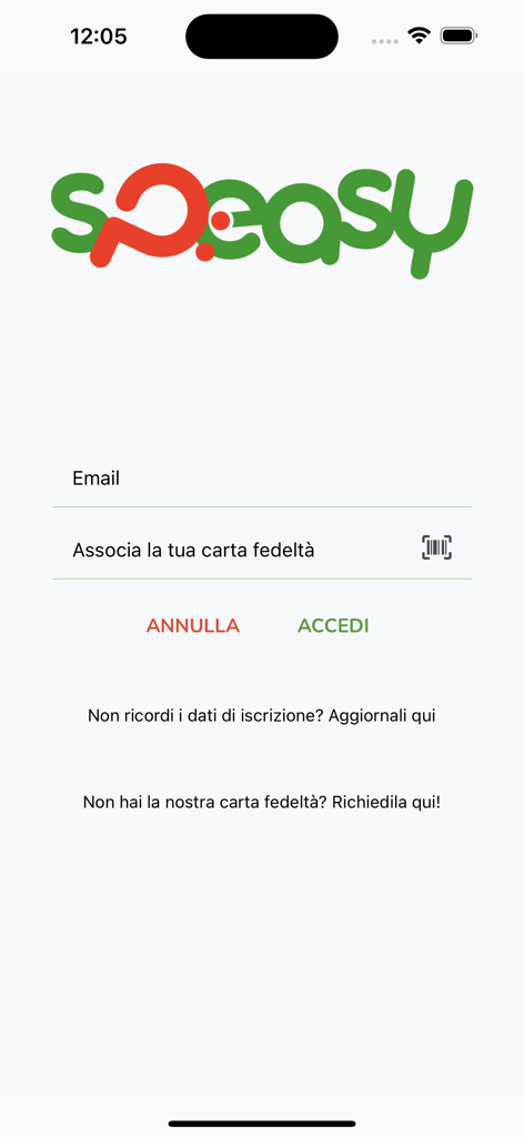 Schermata di accesso all'app mobile Speasy che mostra i campi per email e carta fedeltà