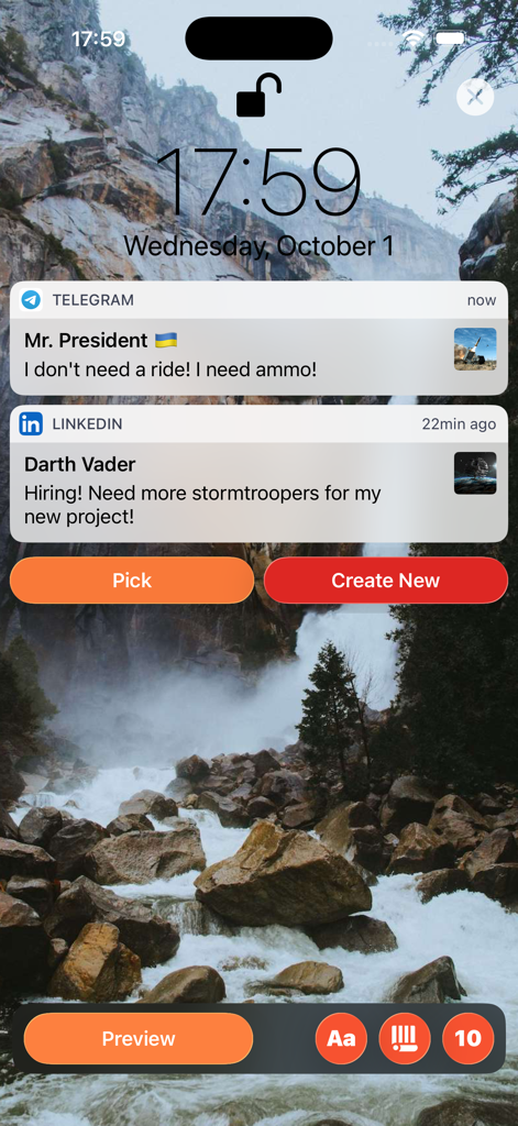 A realistic iPhone lock screen mockup featuring fake notifications from Mr. President on Telegram and Darth Vader on LinkedIn over a waterfall wallpaper.