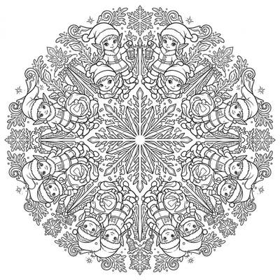 Journey into a whimsical winter wonderland with this captivating Snow Elf Mandala coloring page. Designed for young artists, this symmetrical pattern features adorable snow elves, intricate snowflakes, and enchanting icy details awaiting your creative touch.