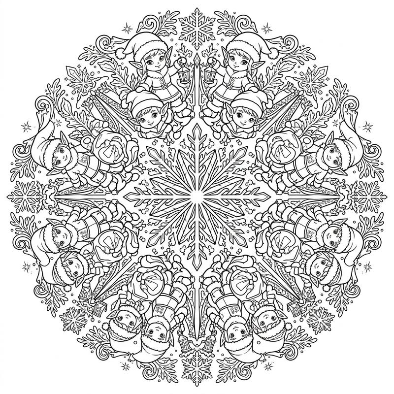 Journey into a whimsical winter wonderland with this captivating Snow Elf Mandala coloring page. Designed for young artists, this symmetrical pattern features adorable snow elves, intricate snowflakes, and enchanting icy details awaiting your creative touch.