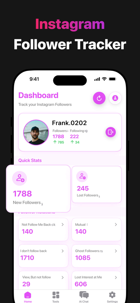 Reports: My Followers Tracker - Reports app dashboard showing Instagram follower analytics including new followers and ghost followers