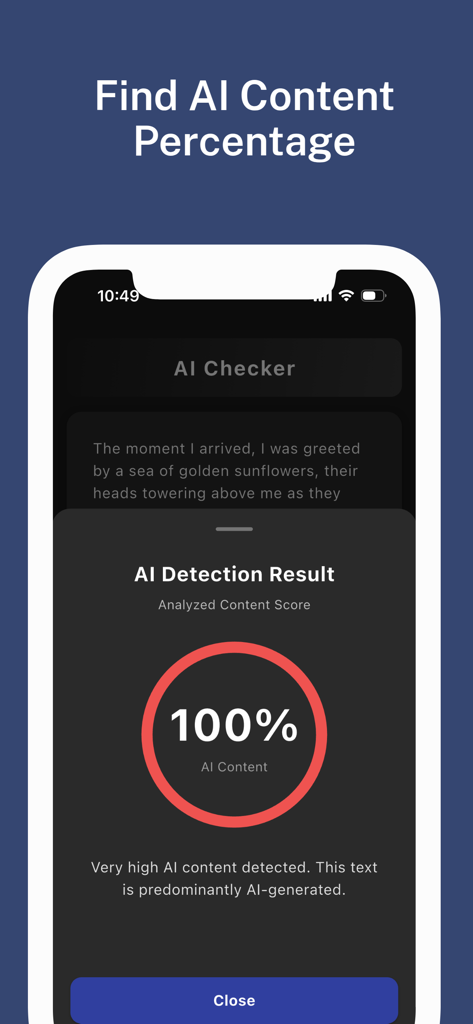 AI Checker for Students app displaying a one hundred percent AI content detection result