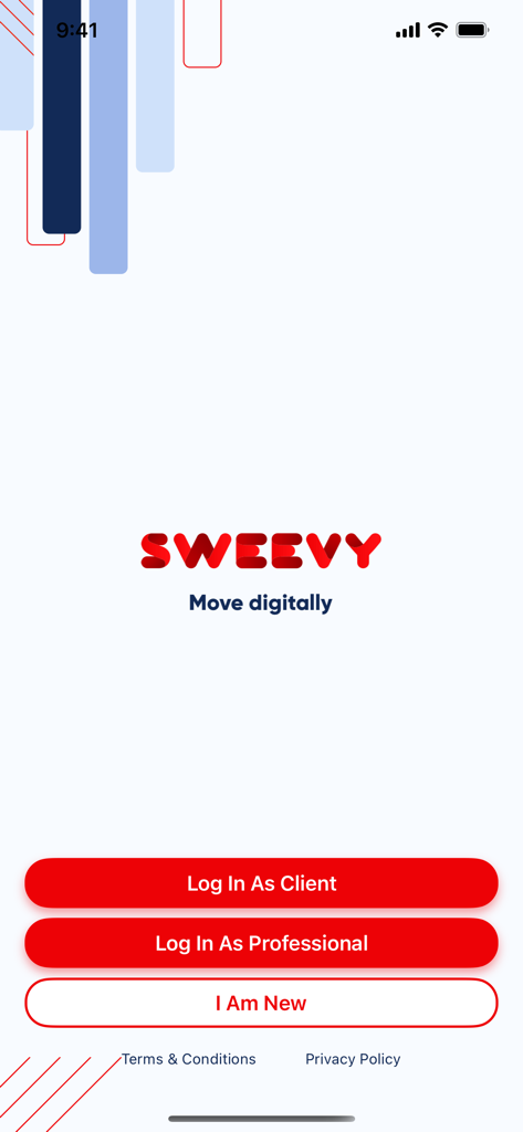 Sweevy - Sweevy mobile app welcome screen with login options for clients and health professionals