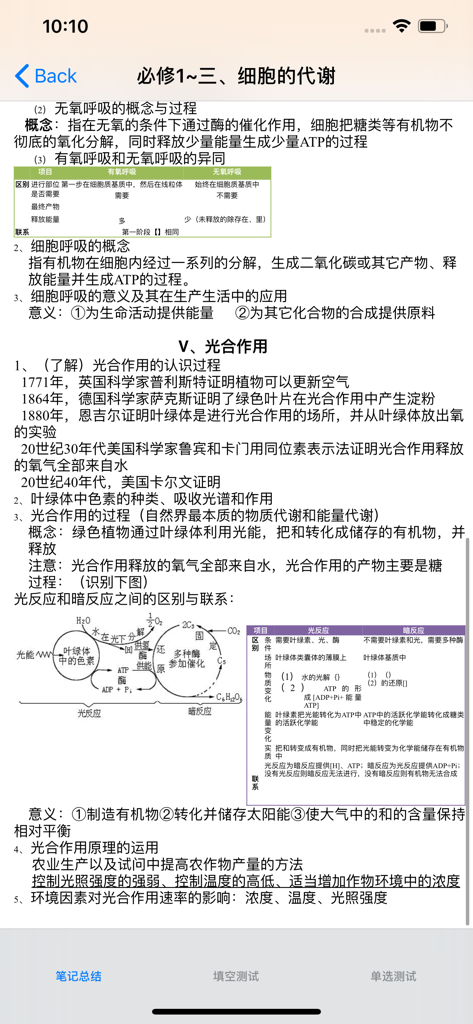 高中生物总结大全 - Mobile app screen showing high school biology summaries in Chinese about cell metabolism, photosynthesis, and respiration.