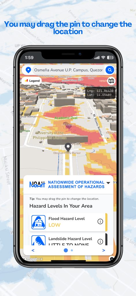 UP NOAH - Interface do aplicativo UP NOAH mostrando um mapa de risco de perigos e avaliação do nível de inundação para uma localização selecionada.