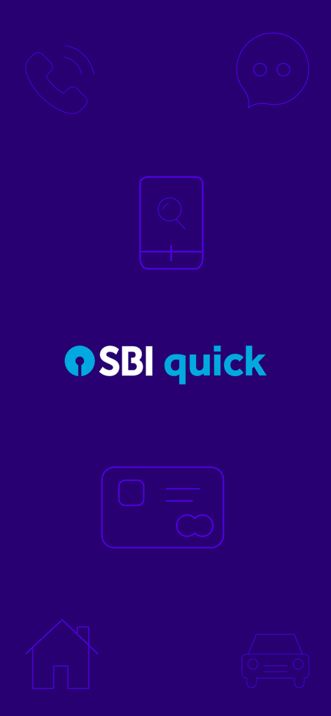 SBI Quick - SBI Quick app splash screen featuring the logo and icons for banking services like missed calls and SMS