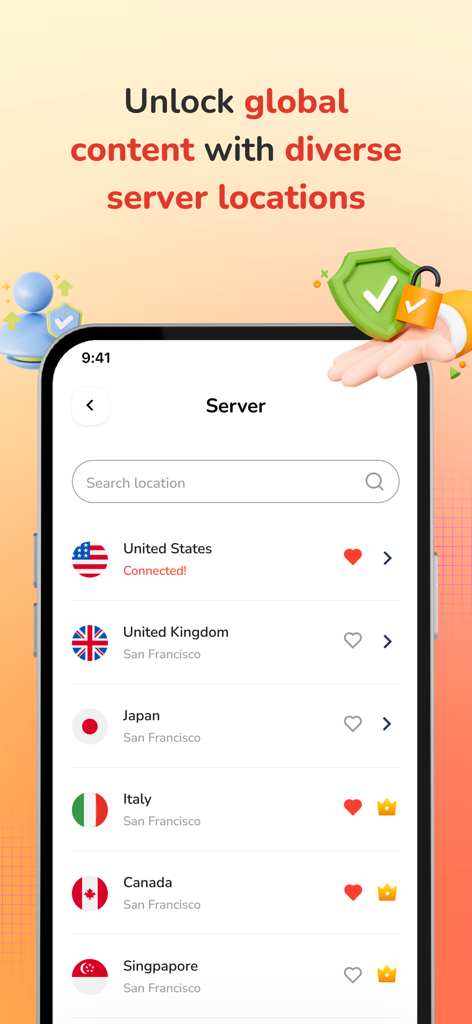 VPN Super-Fast Unlimited Proxy - A smartphone screen displaying a list of international VPN server locations to unlock global content