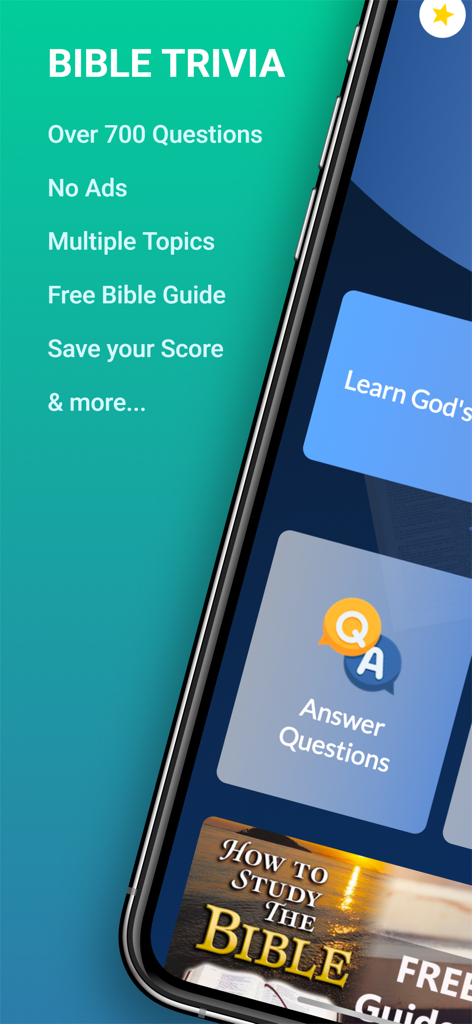 Bible Trivia Quiz - No Ads - Bible Trivia app interface listing key features like over 700 questions, no ads, and a free Bible study guide.