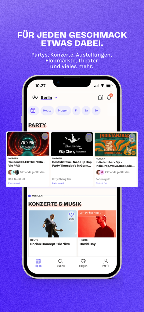 A mobile phone screen showing curated local events like concerts and parties in the Rausgegangen app