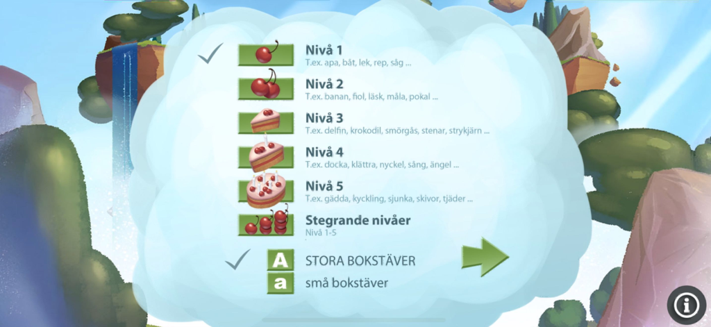 Trilo Stavar - The level selection screen for the Trilo Stavar app showing five difficulty levels and options for uppercase or lowercase letters
