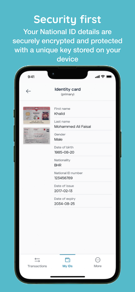 eKey 2.0 - Uno schermo di smartphone che visualizza una carta d'identità nazionale digitale sicura del Bahrain all'interno dell'app eKey 2.0.