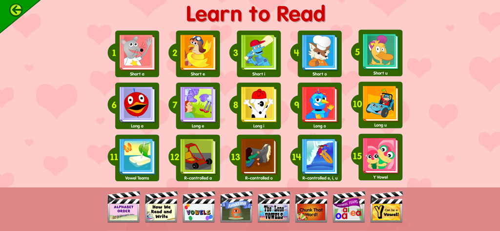 Starfall Learn to Read screen showing a grid of phonics lessons for short vowels, long vowels, and vowel teams with educational video links below.