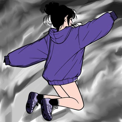 realistic girl jumping with a bun and oversized sweatshirt