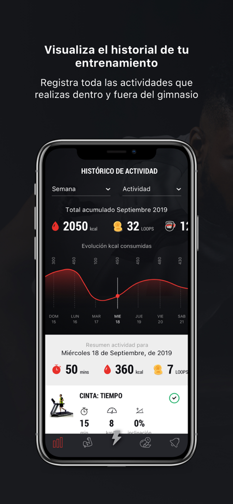 BH GYMLOOP - Interfaz de la aplicación móvil BH GYMLOOP que muestra el historial de entrenamiento con gráficos de calorías y registros de entrenamiento en cinta.