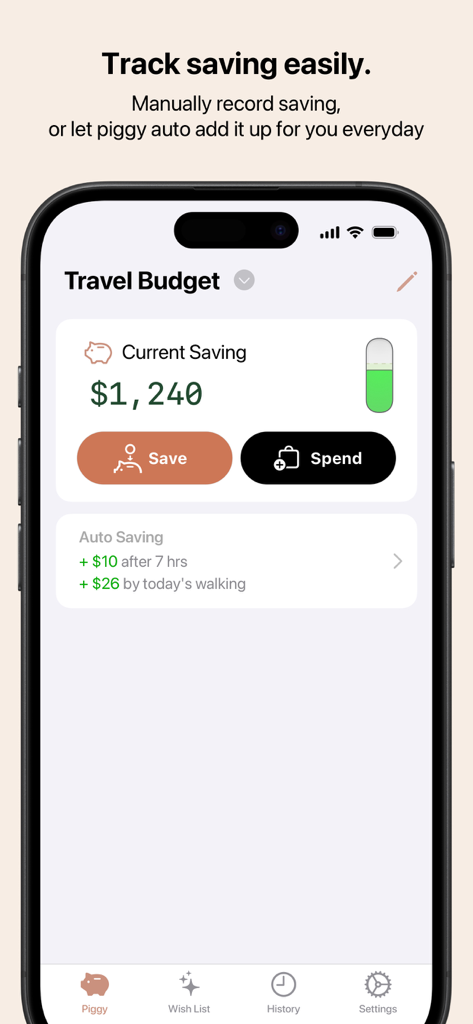 Piggy Bank - Save by Time - Piggy Bank app screenshot showing a travel budget with current savings and auto-save rewards from daily walking