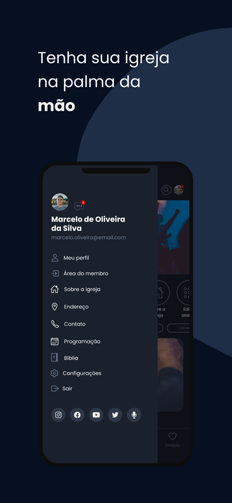 Plena Mosaico - Menú lateral de la aplicación Plena Mosaico que muestra el perfil del miembro y los servicios de la iglesia