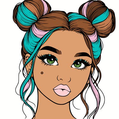 realistic girl with two buns on her hair and lips