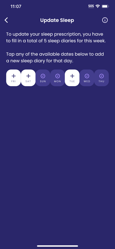 Screenshot of the Update Sleep screen in the CBT-i Coach app where users can log their daily sleep diaries for the week.