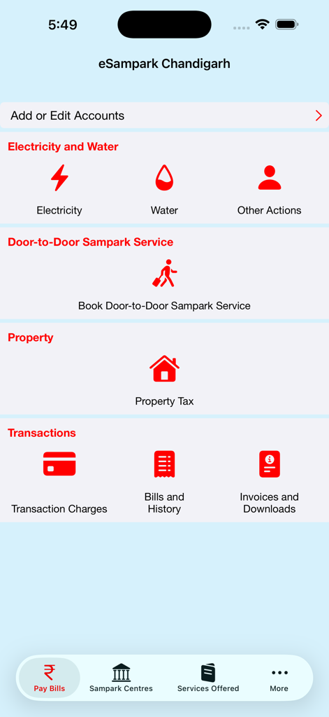 eSampark Chandigarh - eSampark Chandigarh mobile app interface showing utility bill payment options for electricity, water, and property tax.