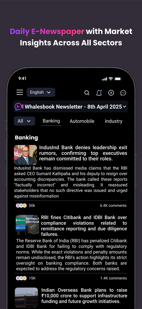 Whalesbook - Whalesbook mobile app interface displaying a daily e-newspaper with financial market insights and banking sector news