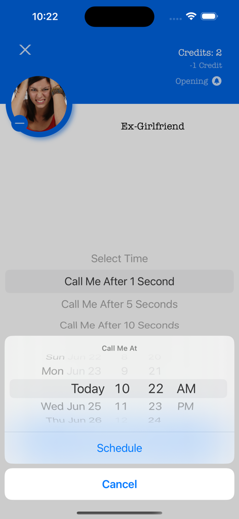 Who's Calling Prank Phone Call - Una interfaz móvil para programar una llamada telefónica falsa de una exnovia con opciones para establecer un temporizador o una fecha y hora específicas