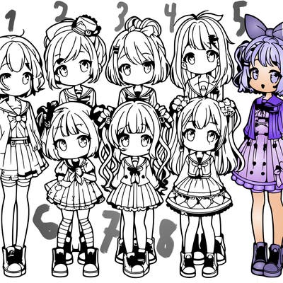 6 cute anime girls lined up